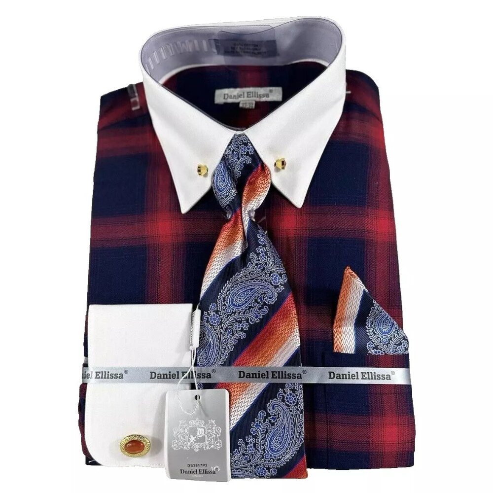 Daniel Ellissa Men's Dress Shirt Red Blue Plaid Collar Bar Tie Hanky Red Blue